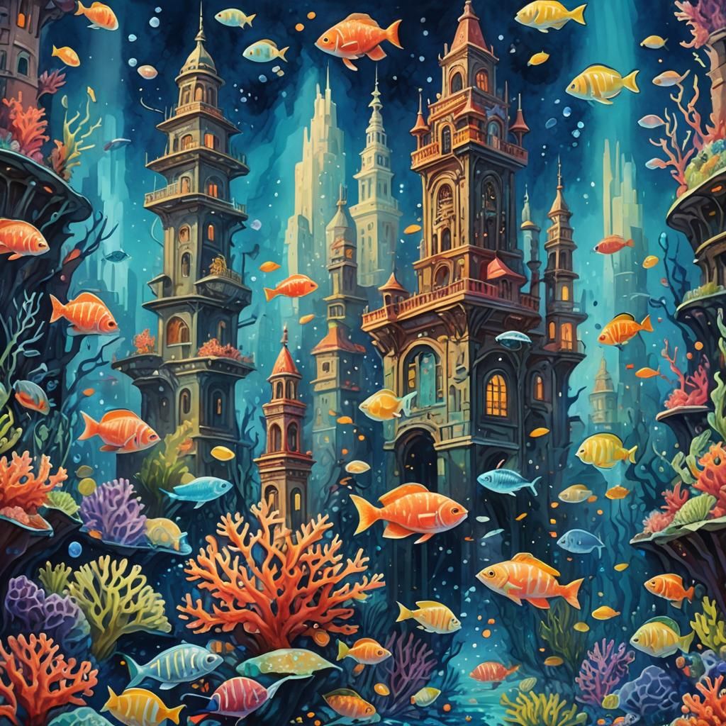 Underwater City with Luminous Coral in Gouache Style