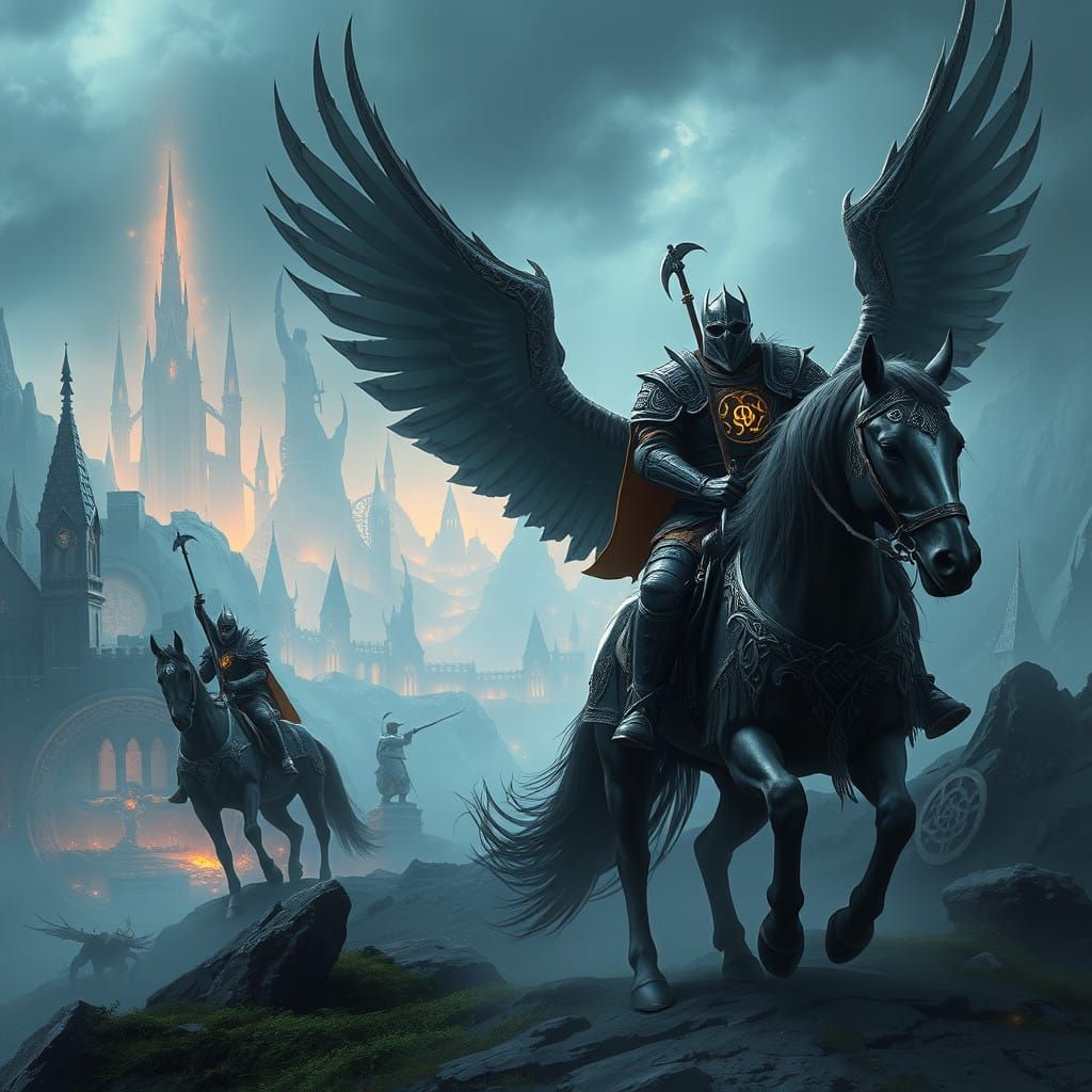 Gothic Horsemen Ride Winged Steeds Through Mythical Landscap...