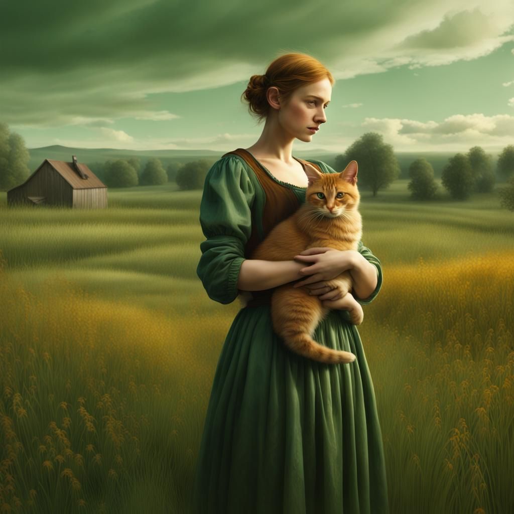 Woman with Cat in Field: Photorealistic Digital Art