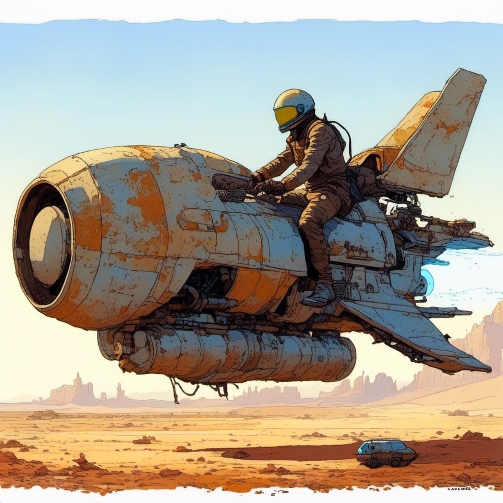 Futuristic Hoverbike in Moebius Style Desert
