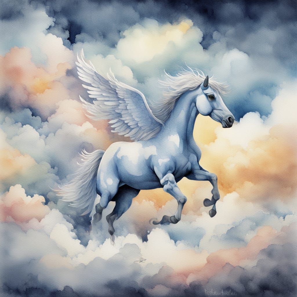 Watercolour Pegasus Clouds Floating in Sky