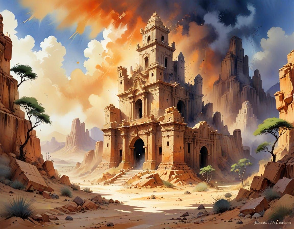 Desert Lost City Ruins in Watercolor Style