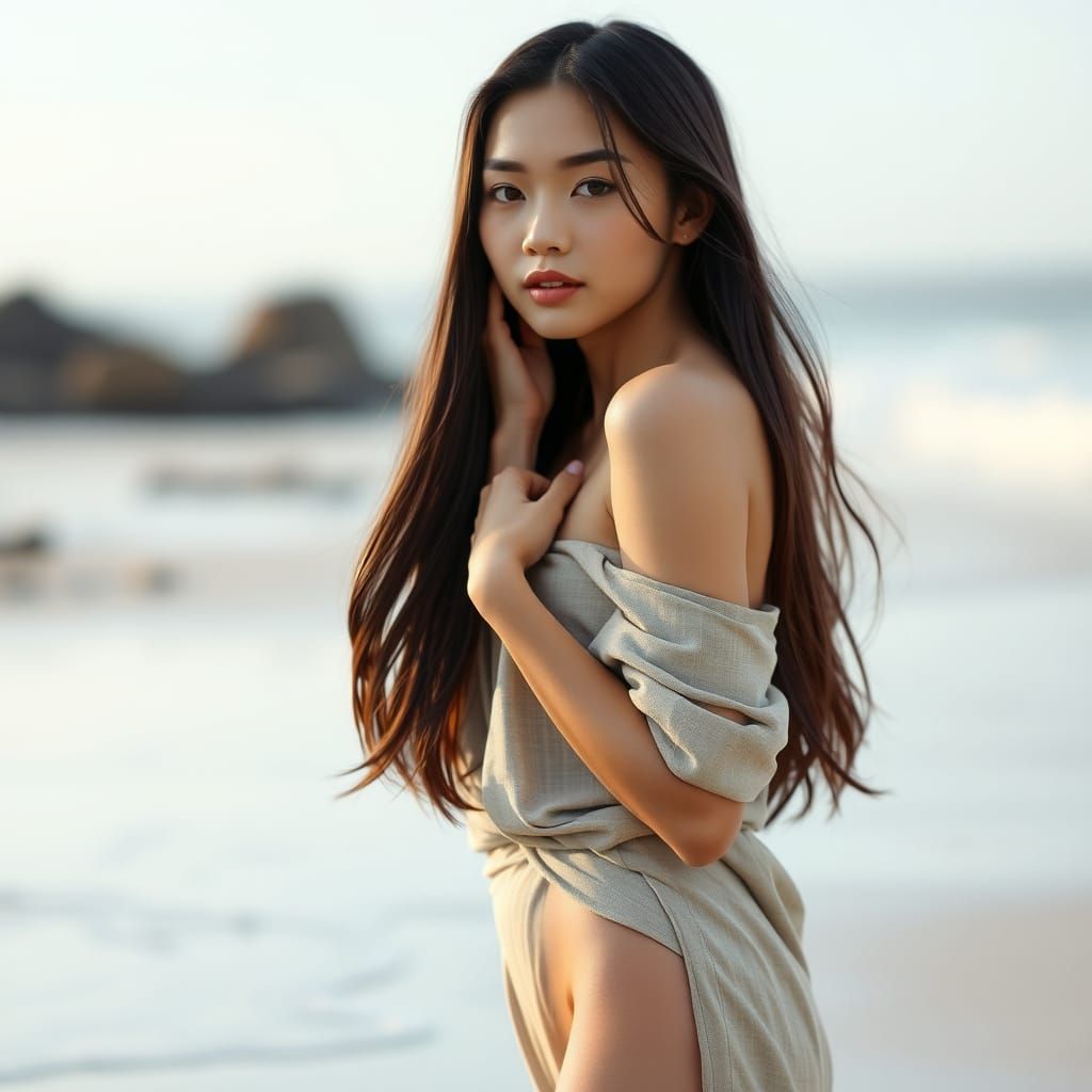 Asian Woman on Beach in Photorealistic Style