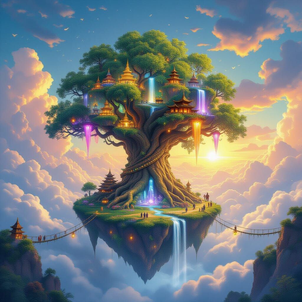 Majestic Floating Tree of Unity Above Clouds