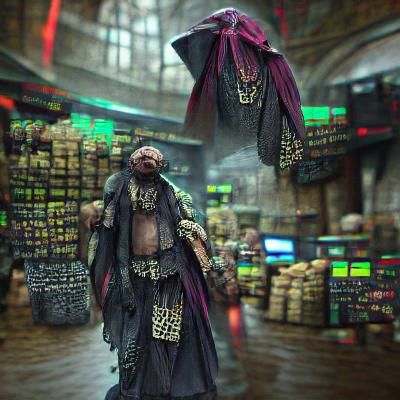 Cyberpunk Merchant in Gritty Urban Scene