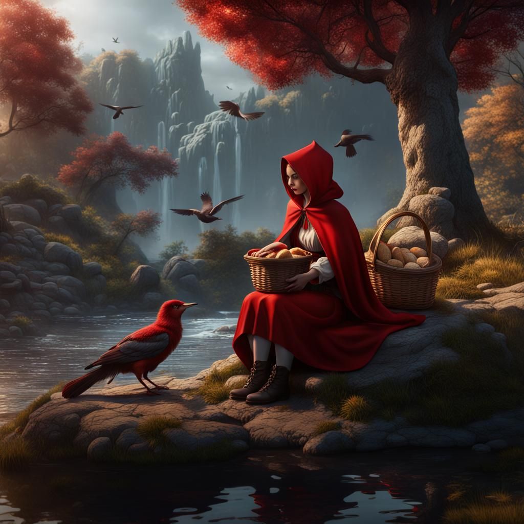 Red Riding Hood's Bird Feeding: Fantasy Art