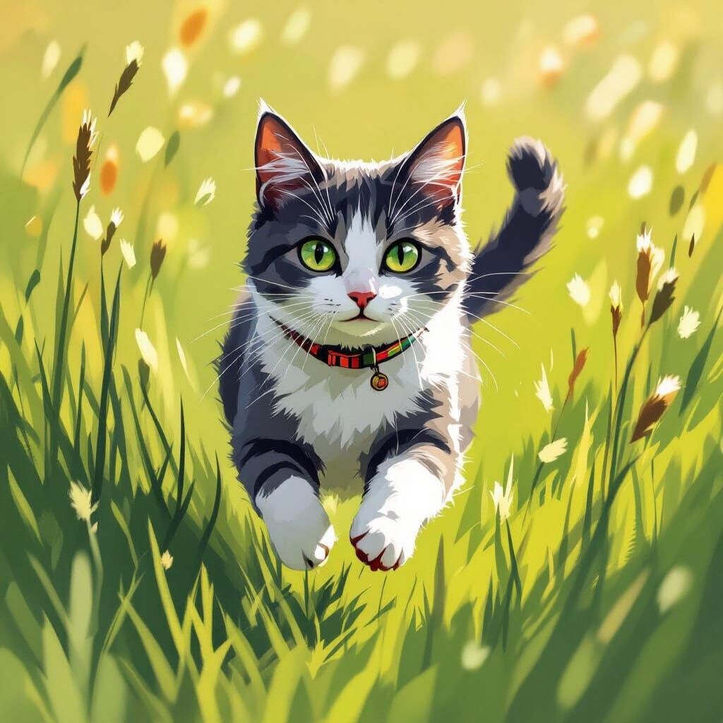 Cat Running Through Meadow in Vibrant Digital Art Style