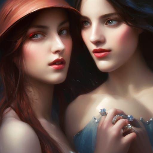 Two Girls Kissing with Engagement Ring, Expressionist Art