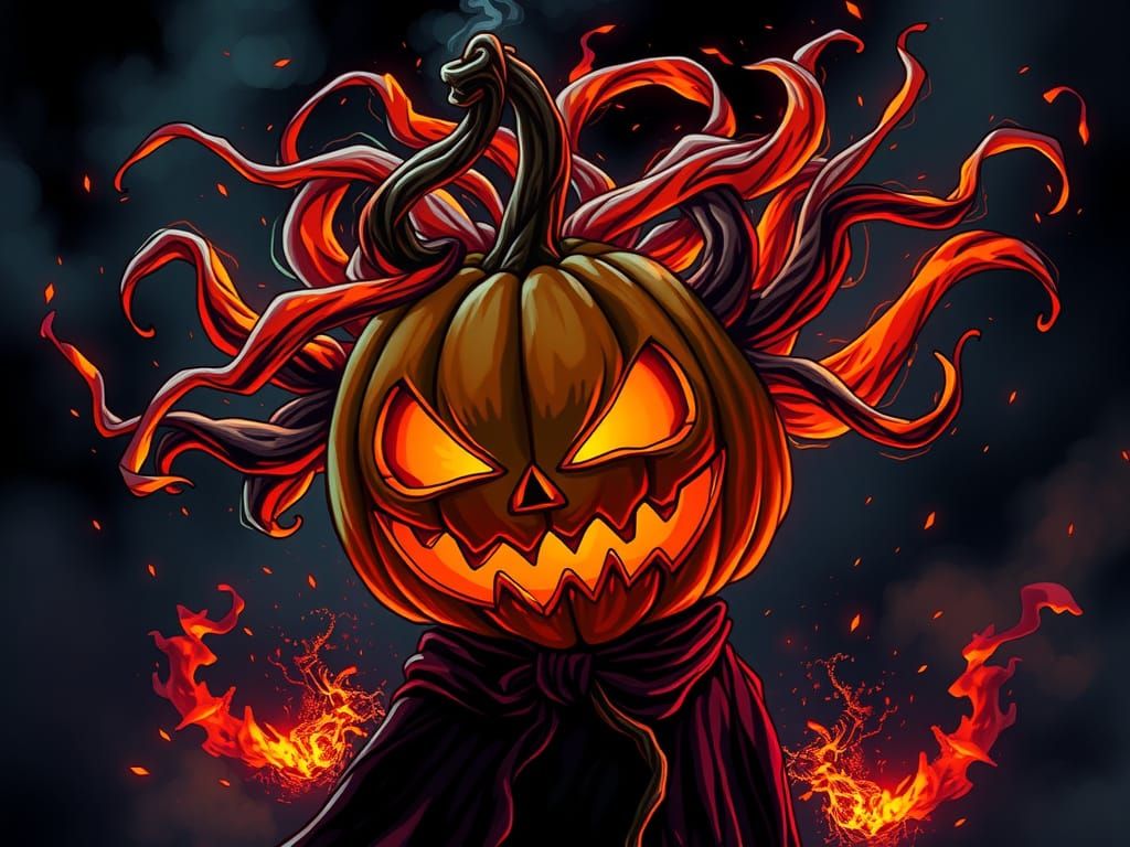 Sinister Jack-o'-Lantern Figure in Dark, Eerie Atmosphere