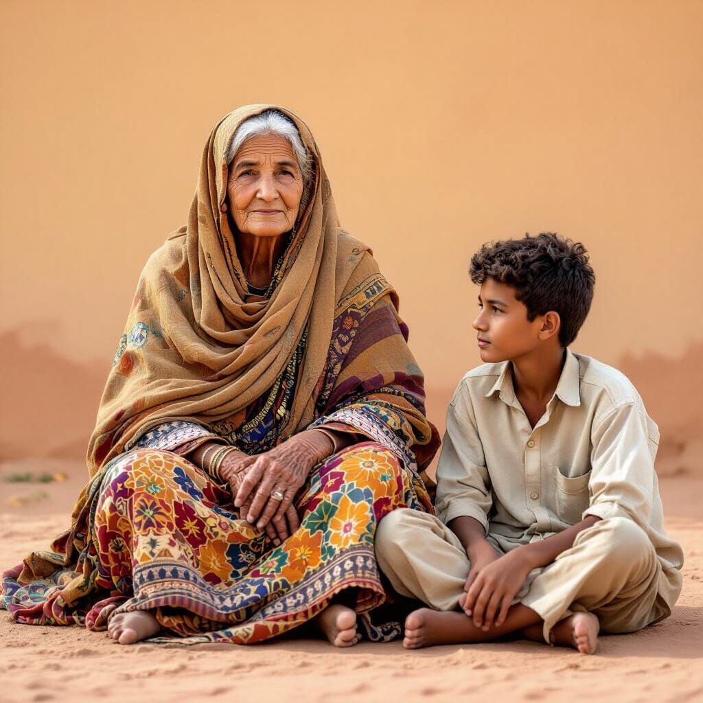 North African Mother and Son in Golden Light