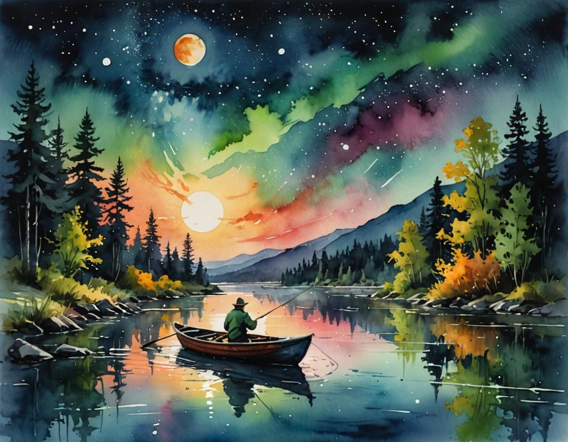 Watercolor River Scene with Exploding Moon