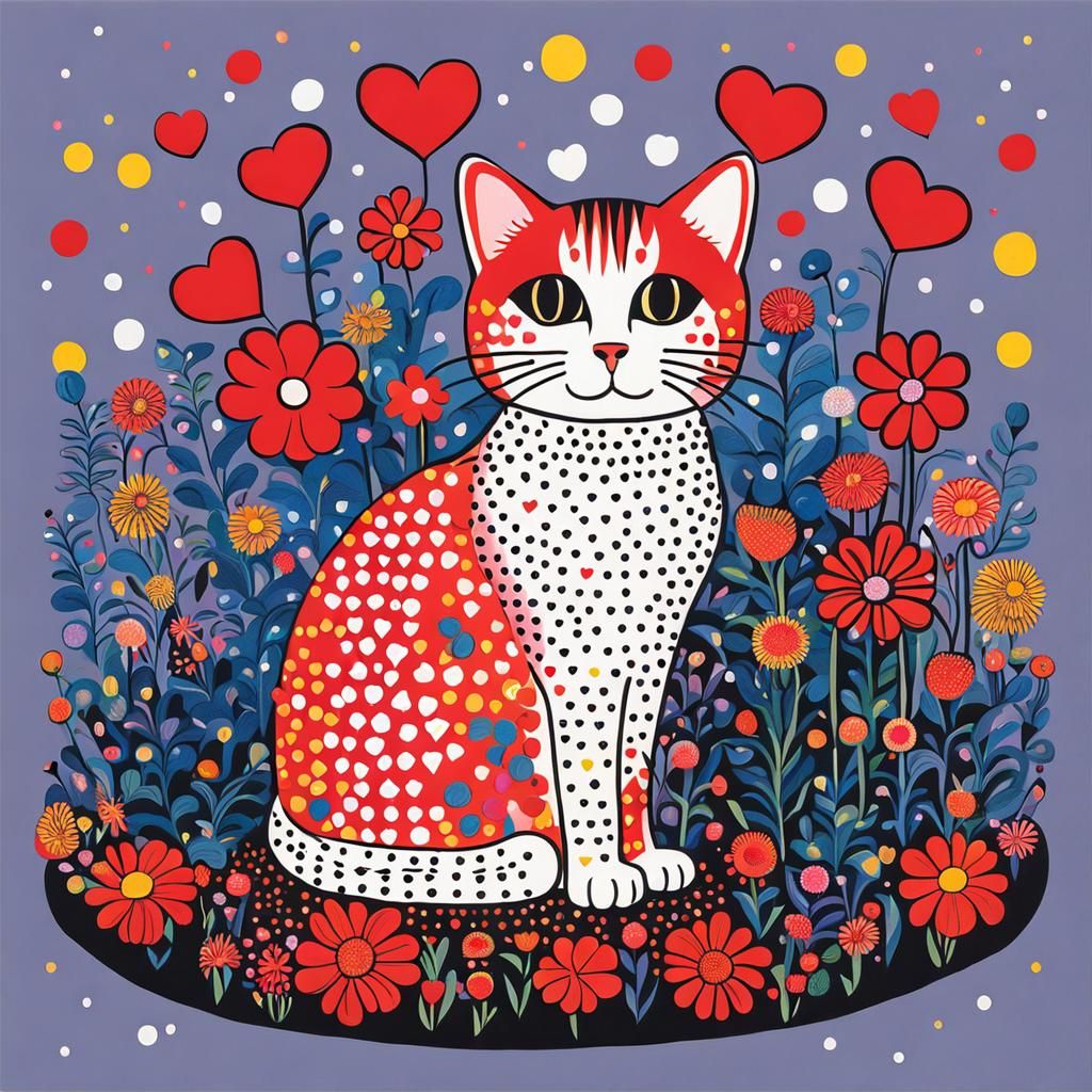 Cat Surrounded by Flowers and Heart Lights