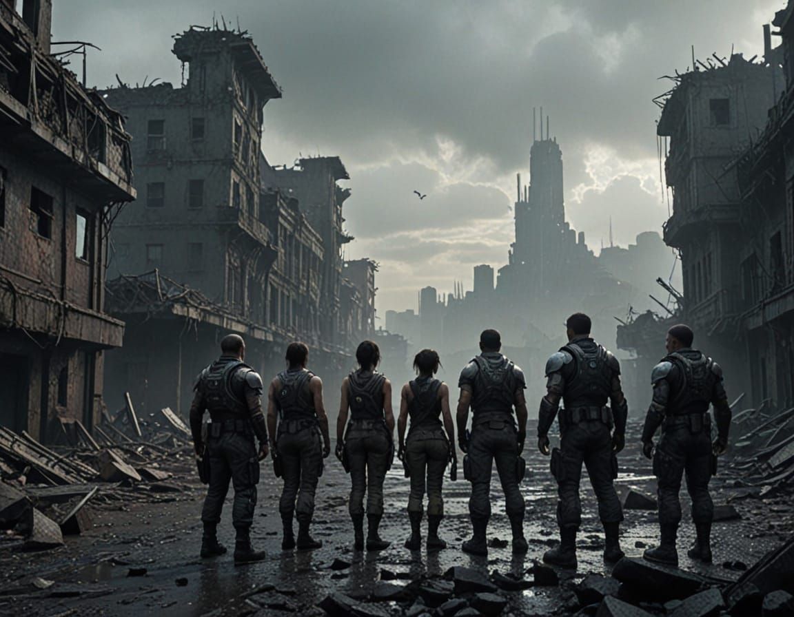 Dystopian Survivors Stand Resilient in a Ruined Metropolis