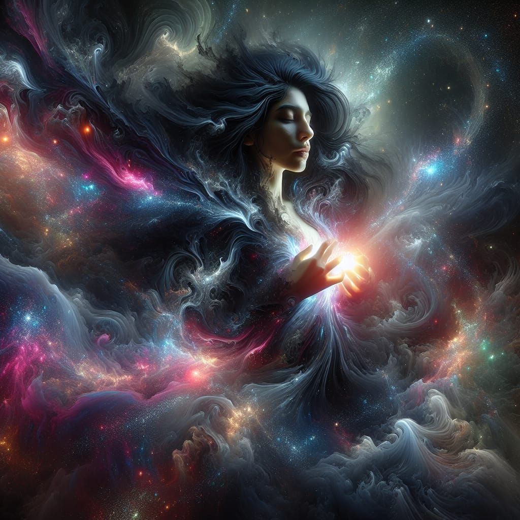 Incorporeal Woman Protecting Light in Fantasy Cosmos