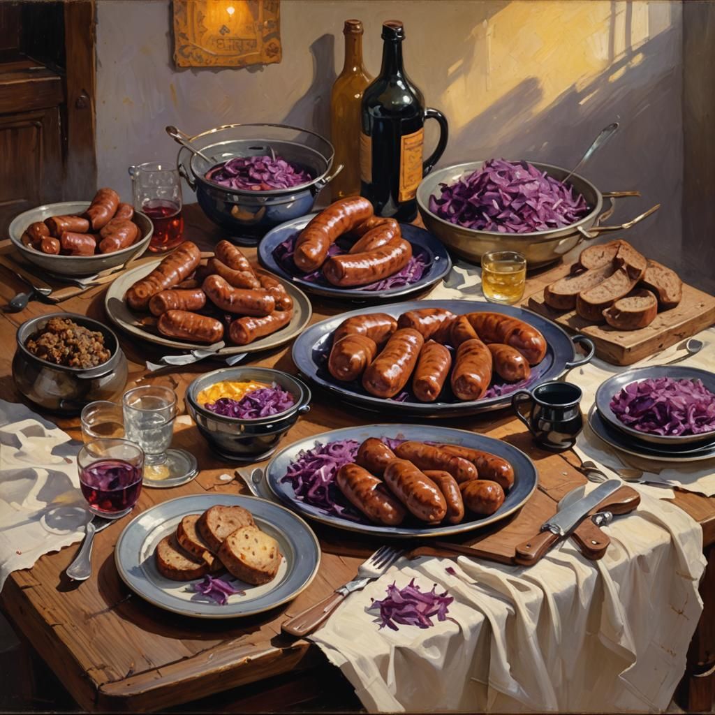 Oktoberfest Feast: Sausages, Cabbage, and Bread in Oil Paint...
