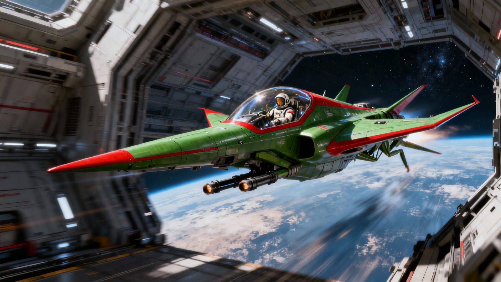 Green Space Fighter Launches from Mother Ship