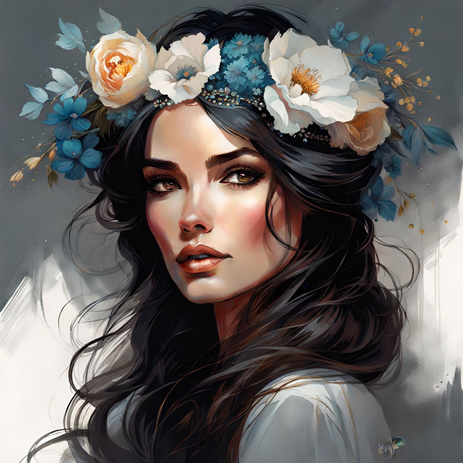 Woman with Flowers, Detailed Feminine Portrait