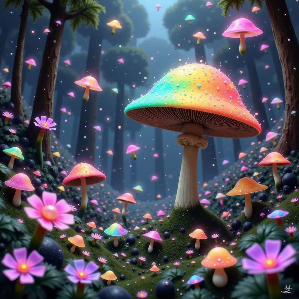 Vibrant Mushroom Fairy in Iridescent Astral Forest