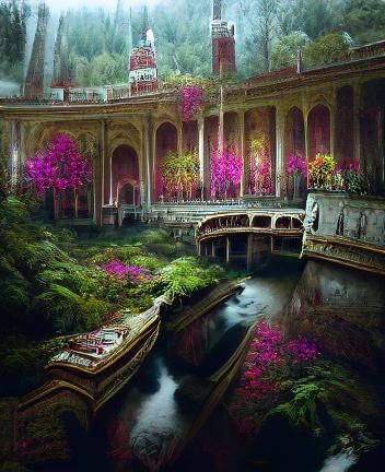 Cyberpunk Palace with River and Flowers