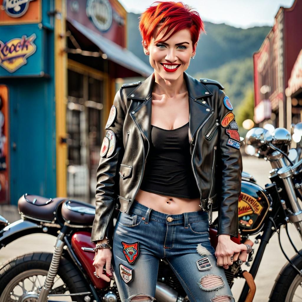 A woman with a fiery red pixie cut and a mischievous grin leans against a vintage motorcycle. Her leather jacket is ador...