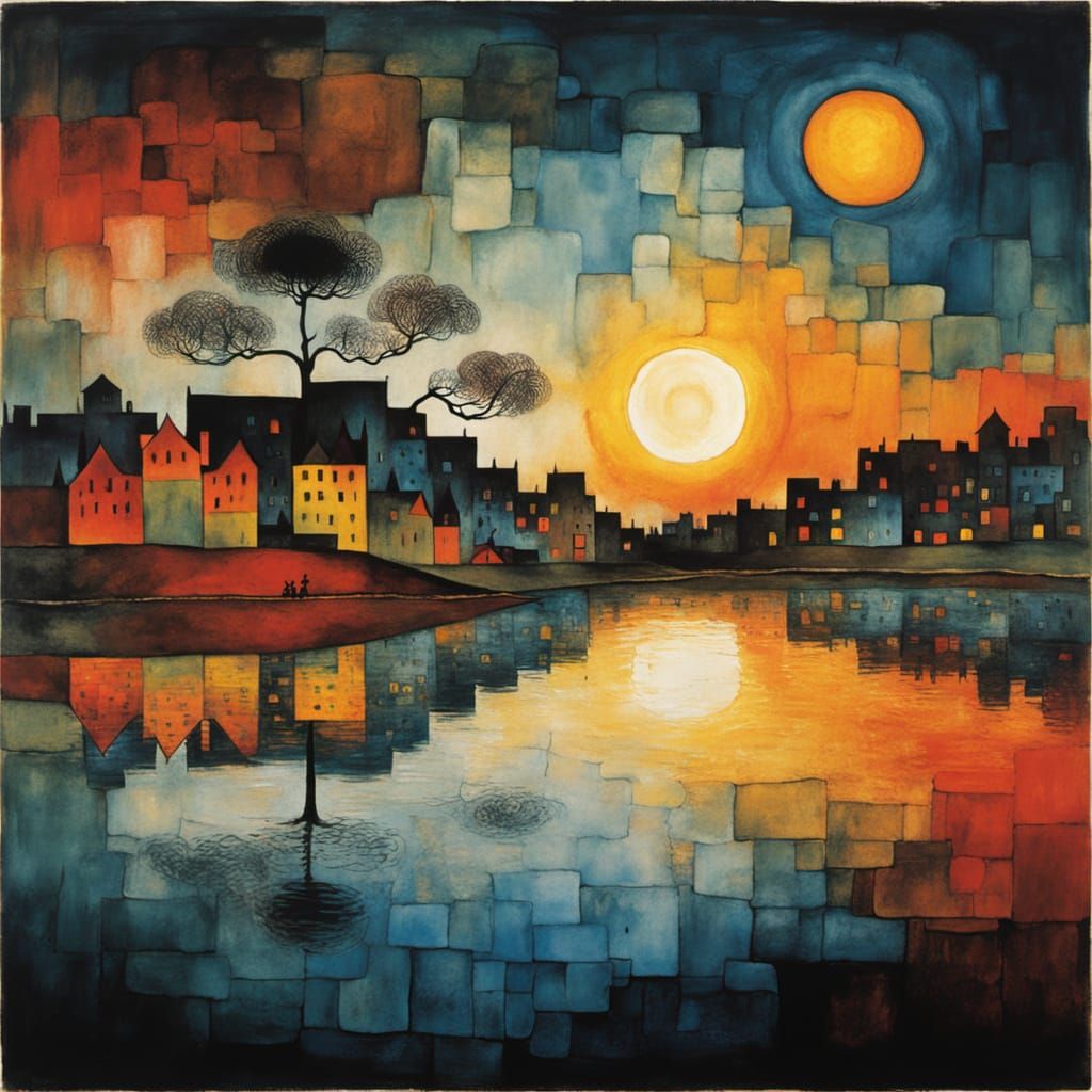 Yin Yang Guitarist Cityscape in Abstract Expressionist Style