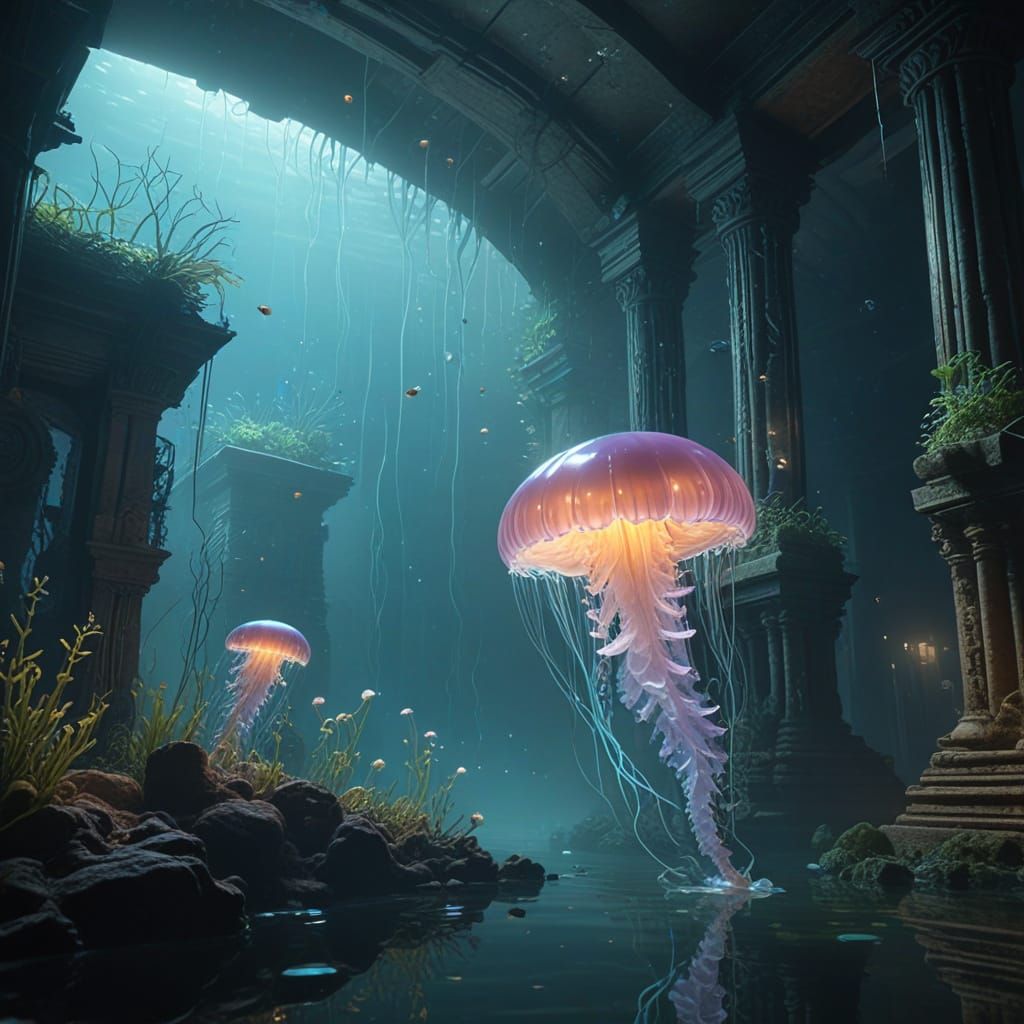 Ethereal Jellyfish in Bioluminescent Underwater Ruins