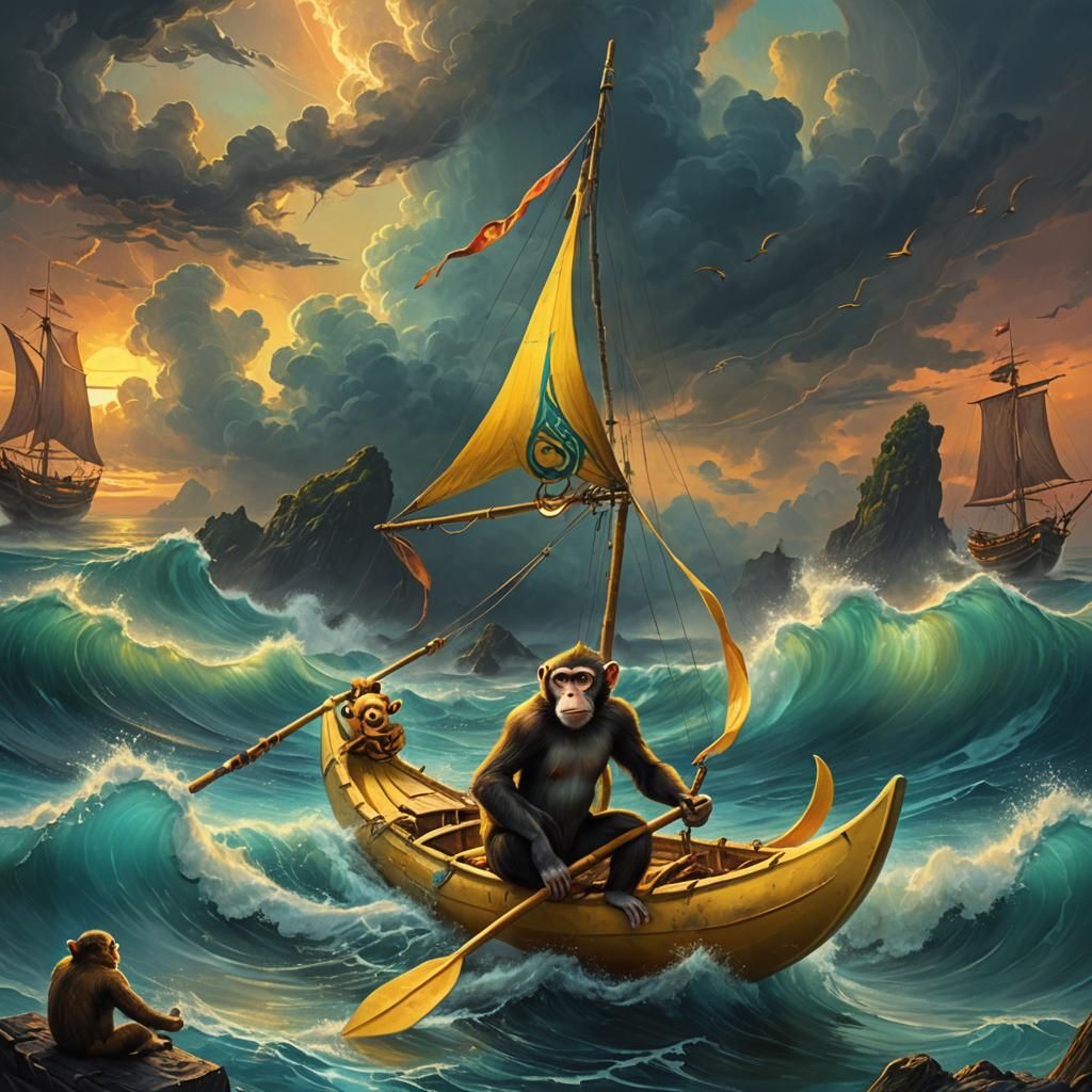 Monkey Sailing on Banana in Stormy Sea: Oil Painting