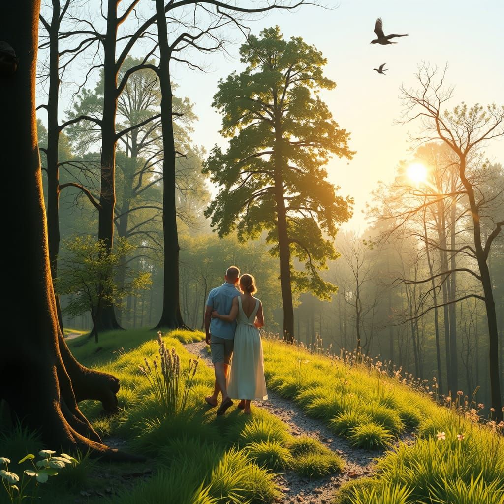 Early morning. A couple hiking in the Vienna Woods listening to the birds singing enjoying each other's company in the s...