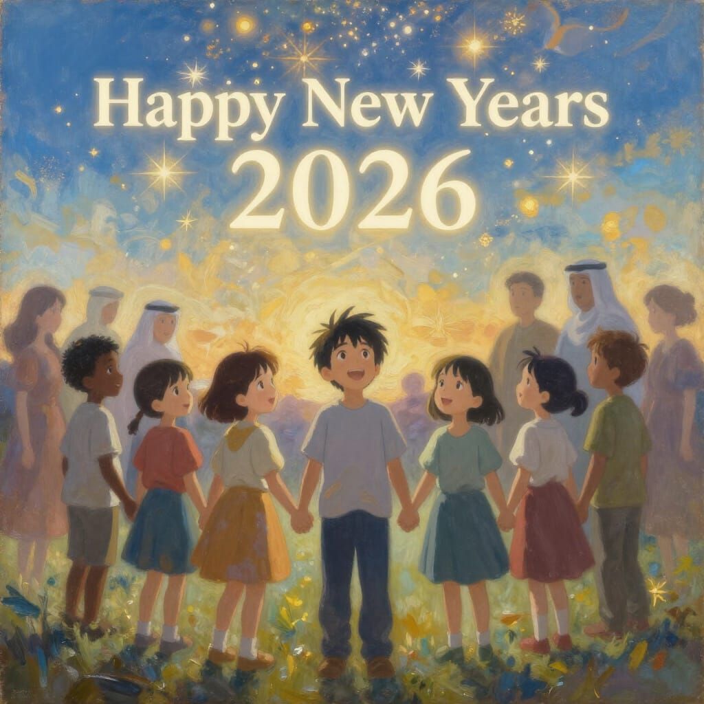 Children Celebrate New Year Under Luminous Sky