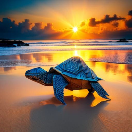 Beautiful cinematic hyperdetailed origami magic giant turtle...