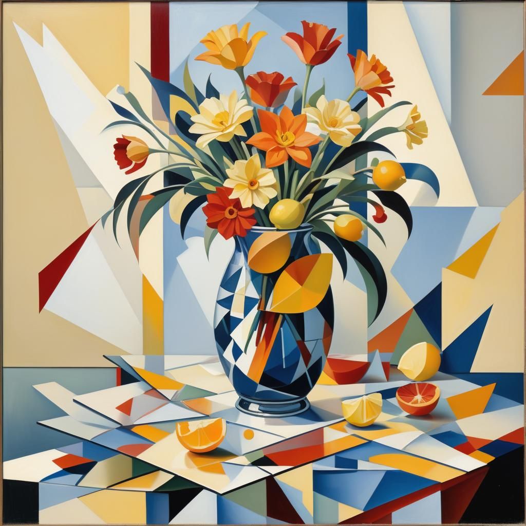 Cubist Still Life with Flowers and Lemons