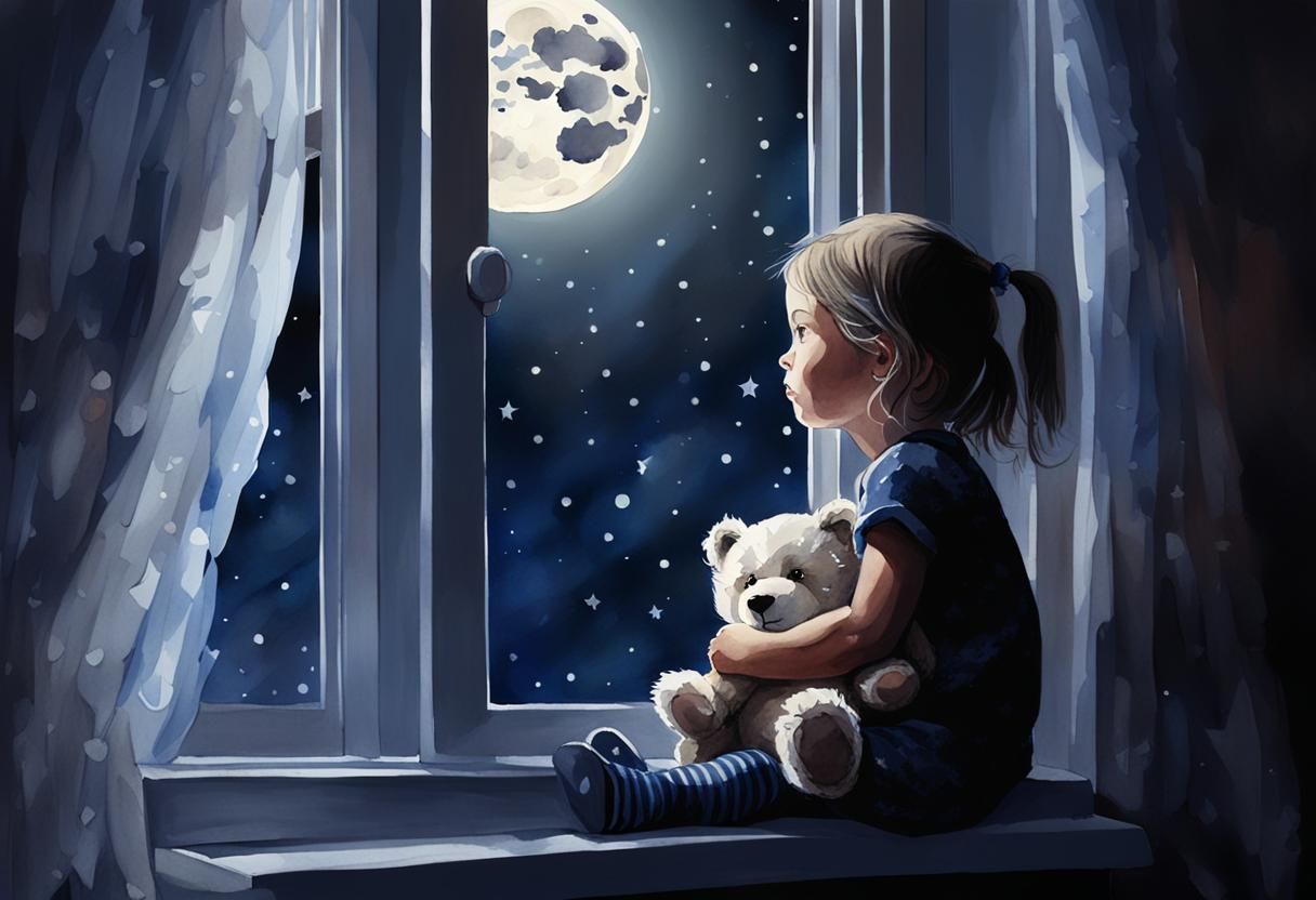 Watercolor Little Girl Star-Gazing with Teddy Bear