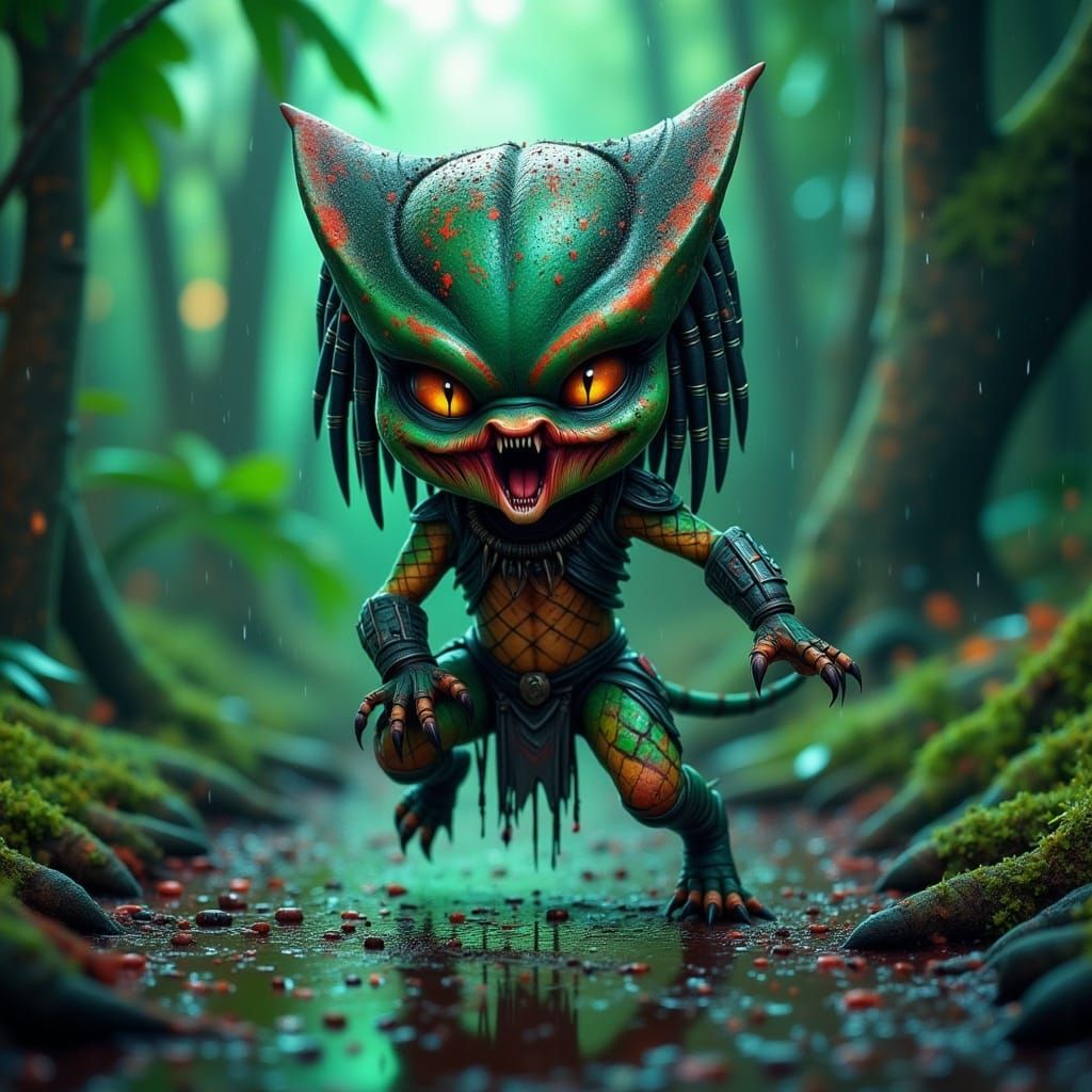 Whimsical Ninja Cat Emerges from Dark Rainforest