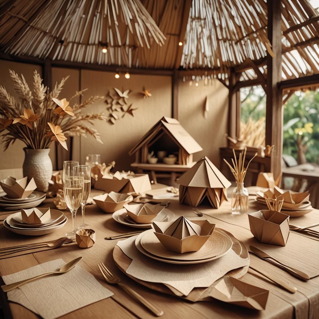 Origami Dining Table in Rustic Straw Hut