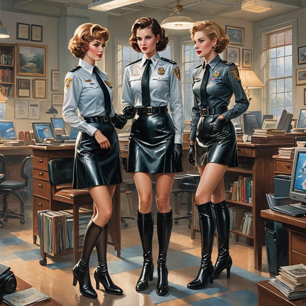 Cougar Women in Latex Uniforms Work in Newspaper Office