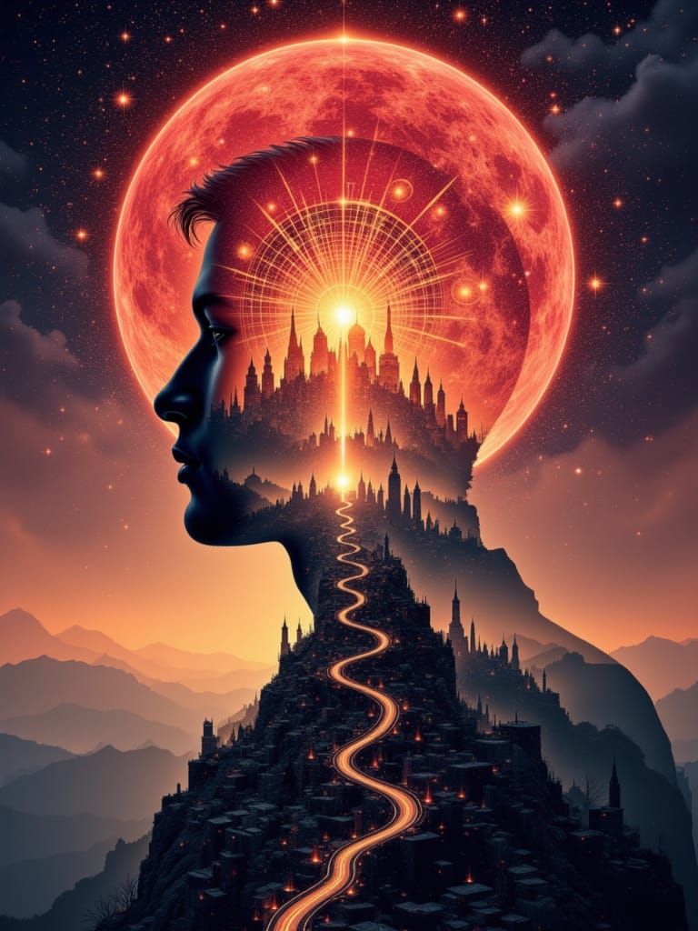 Surreal Silhouette Against Cosmic Blood Moon