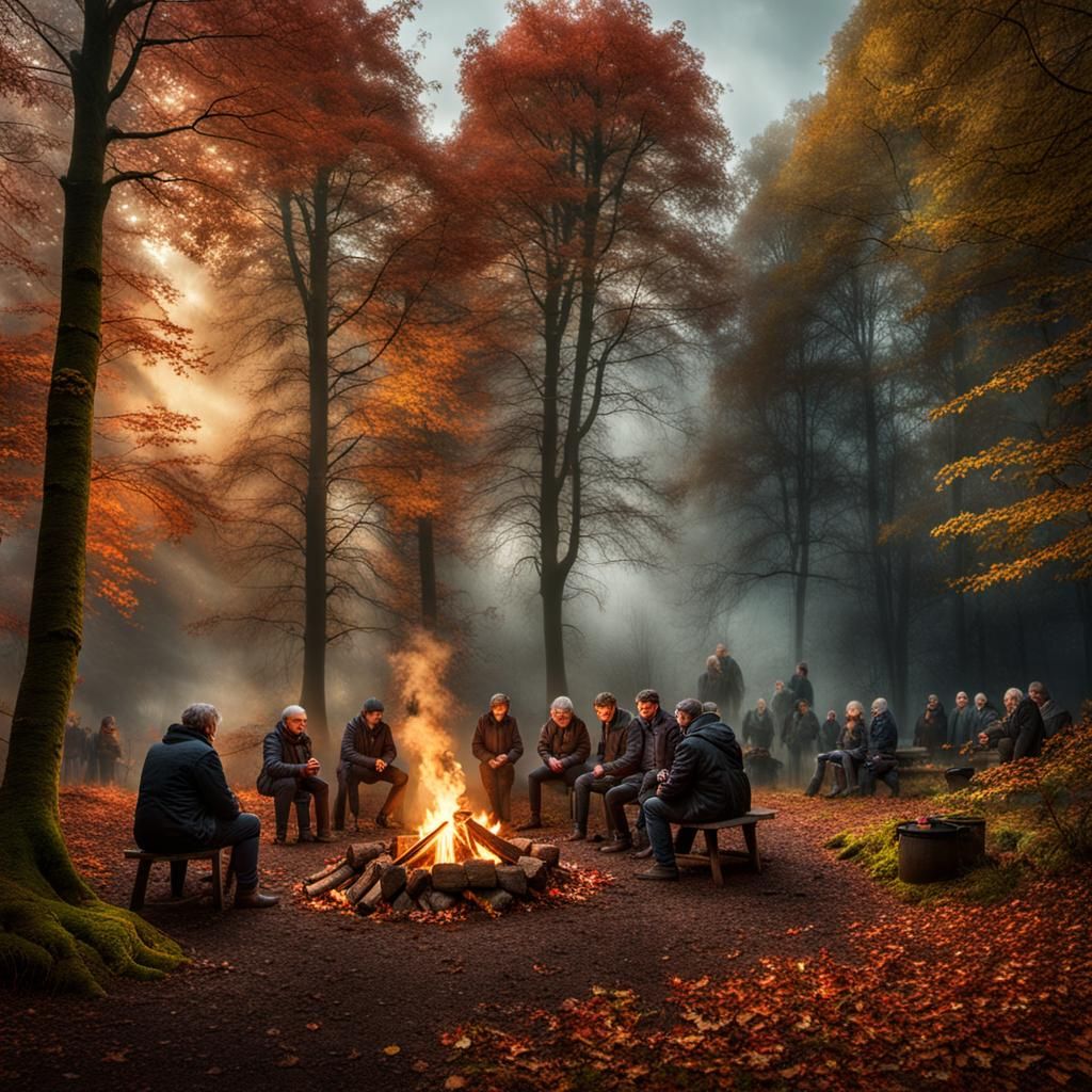 Autumnal Woodland Gathering: Hyperrealistic Settlement Scene