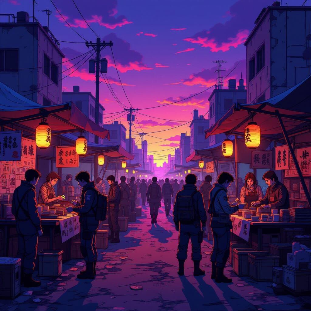 Post-Apocalyptic Market in Purple Sunset, 1980s Anime Style