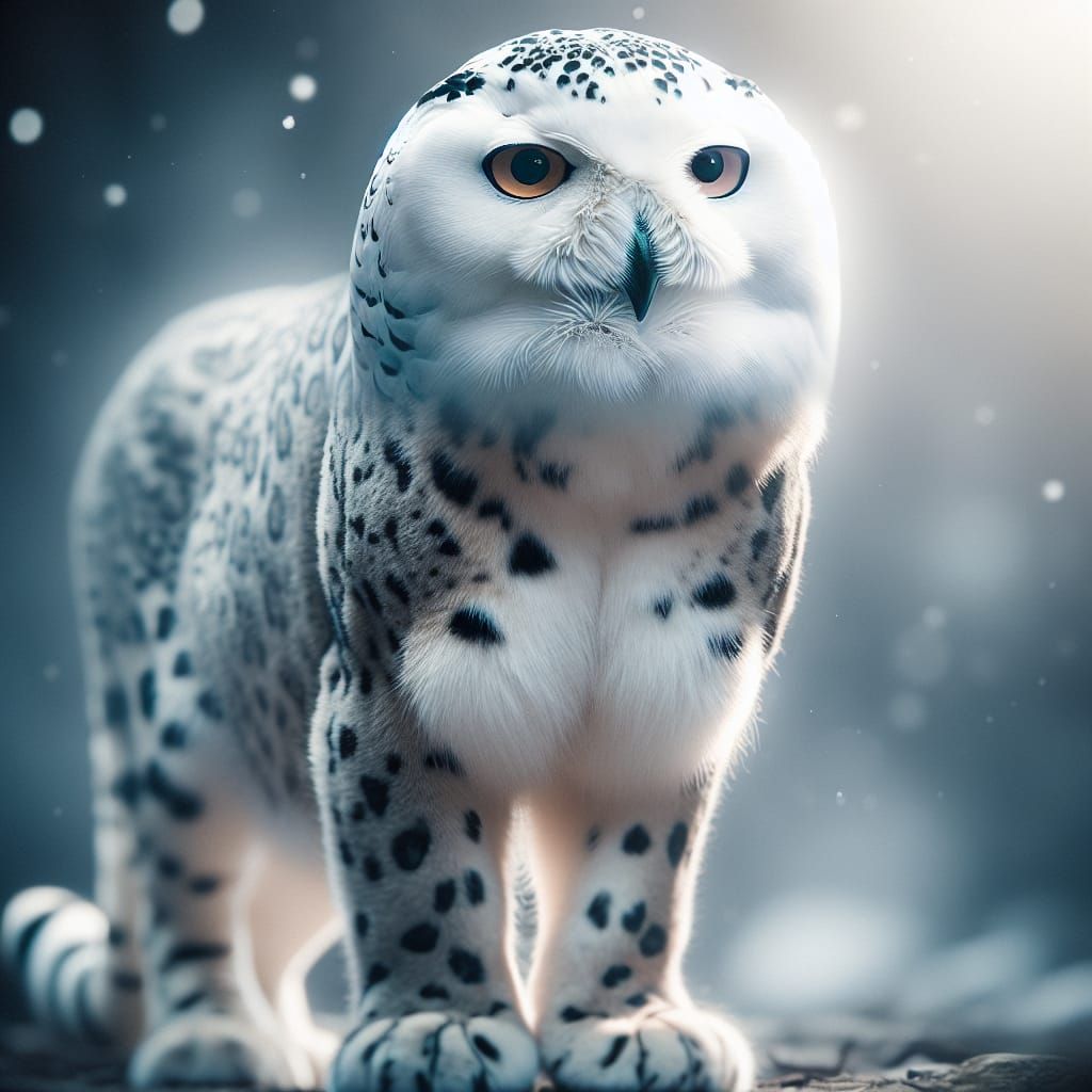 Hyper-realistic beautiful ethereal snowy owl/snow leopard hy...