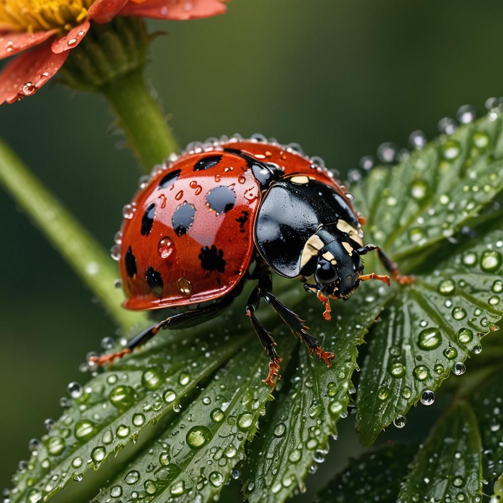 Hyperrealistic Ladybug Macro Shot on Dewy Flower