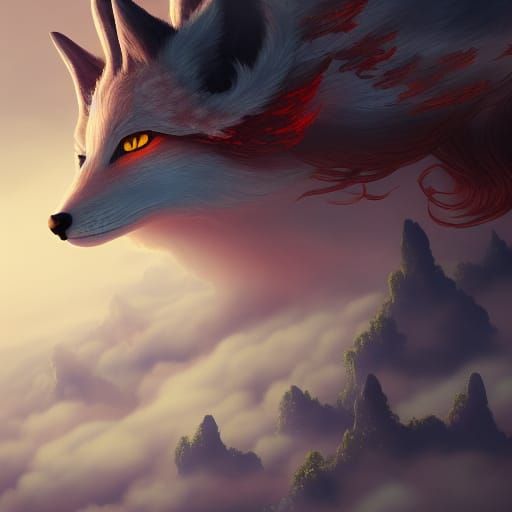 Majestic Kitsune Ascends Among the Clouds