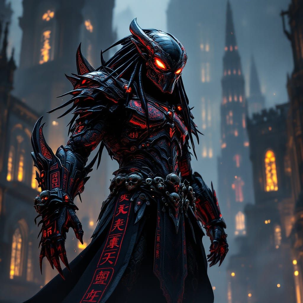 Predator Yautja Warrior in Futuristic Cityscape