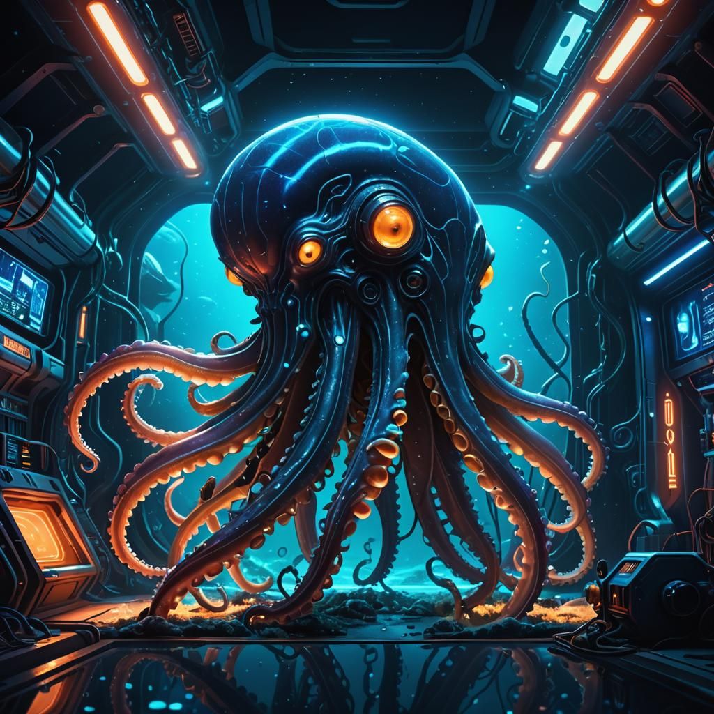 Underwater Alien Repairs Spaceship in Sci-Fi Style