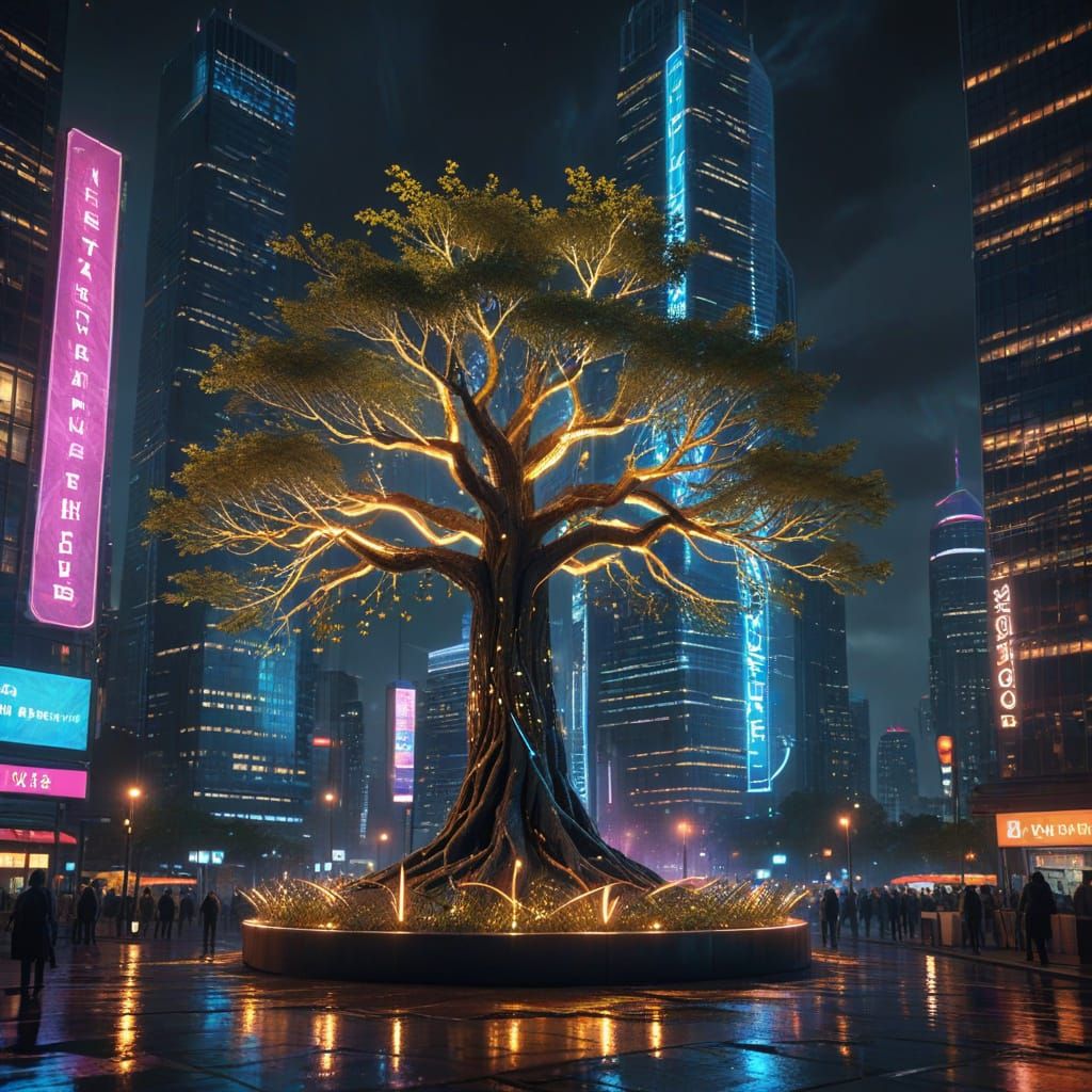 Sacred Tree of Life in Cyberpunk Megalopolis