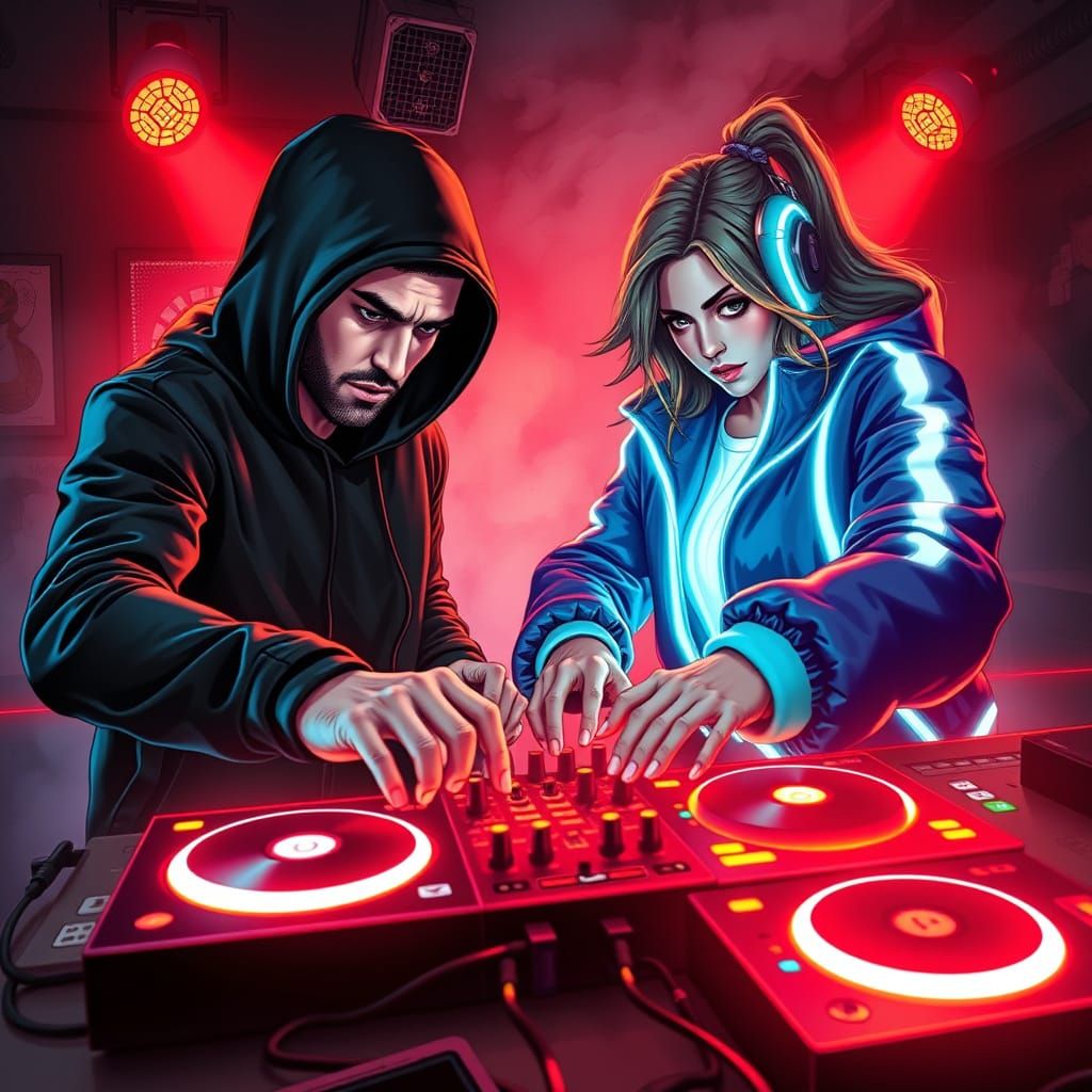 Cyberpunk DJs Engage in High-Stakes Mixer Battle