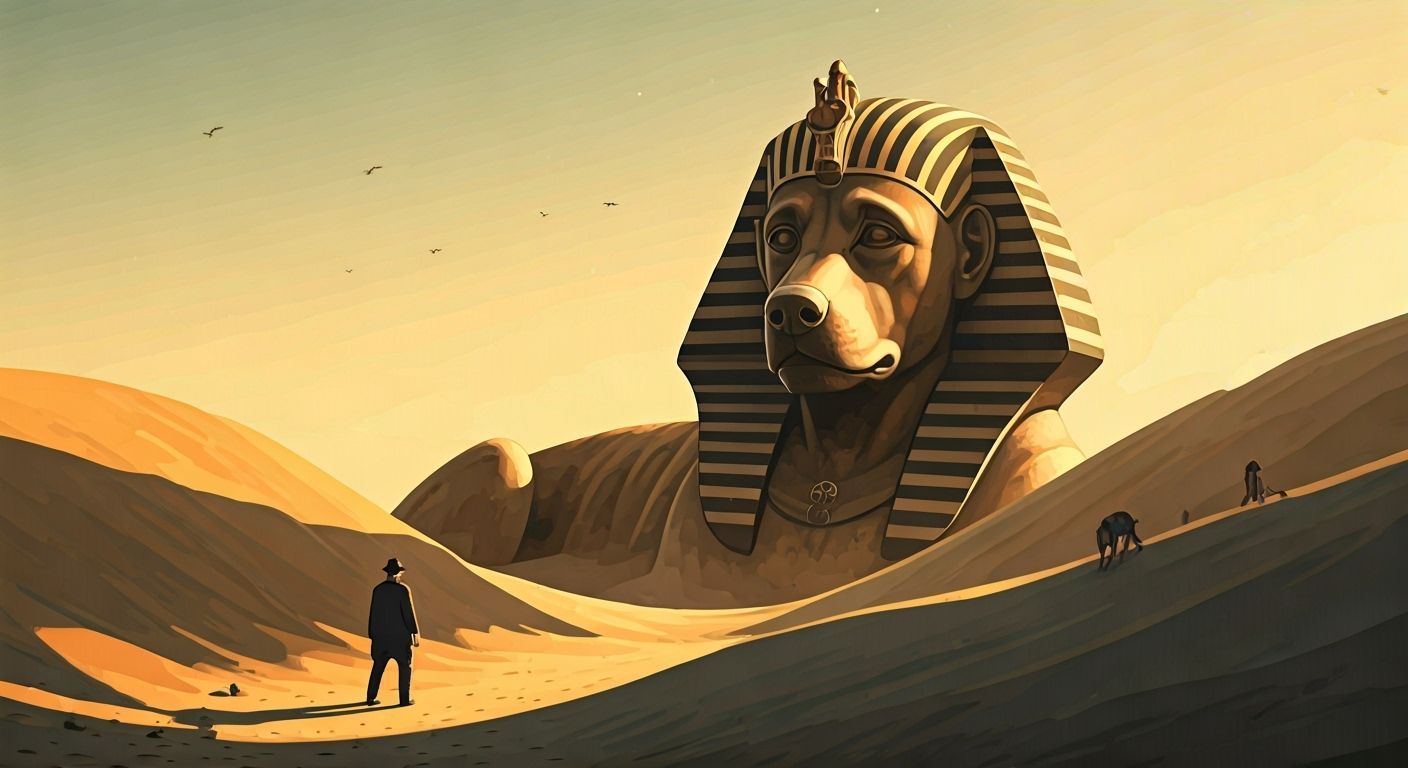 Surreal Belgian Dunes: Dog Sphinx & Magritte-Inspired Man