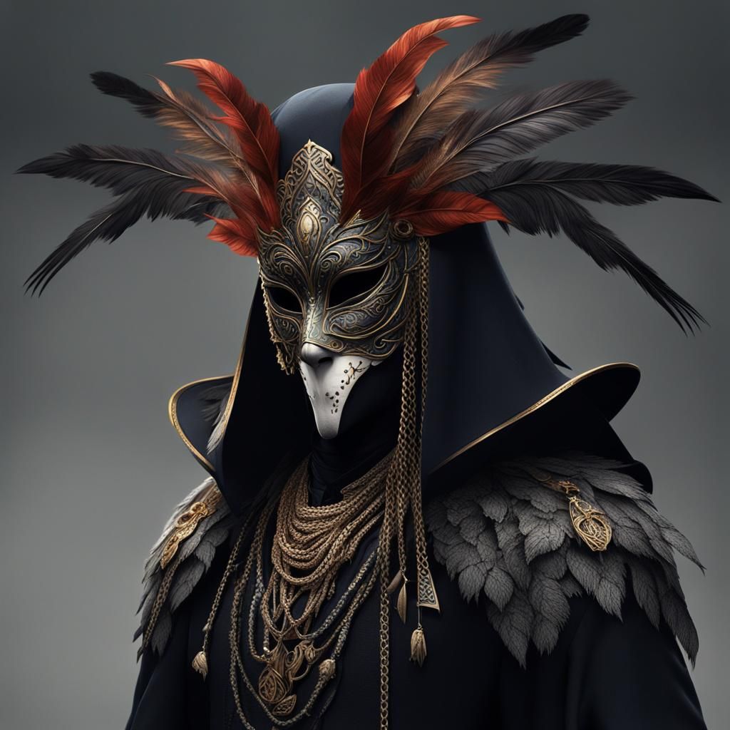 Mysterious Masquerade Outfit with Bird Mask in Digital Art