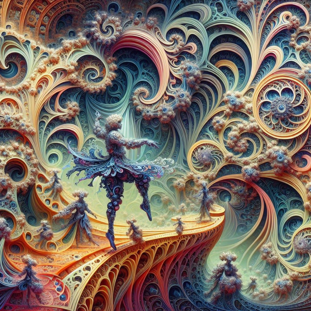 Ornate Figure Dancing in Surreal Art Nouveau Landscape