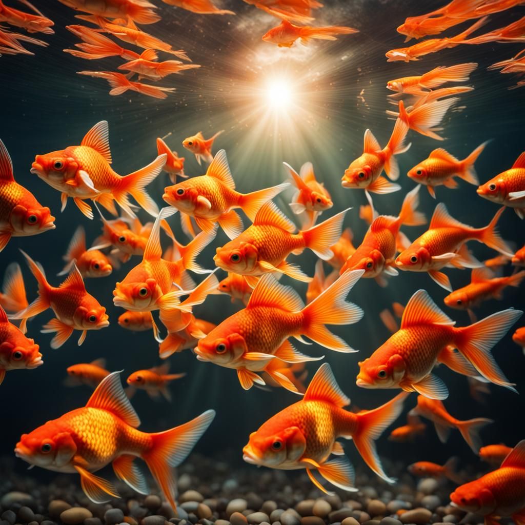 Sunset Lit Goldfish: Hyperrealistic Aquatic Scene