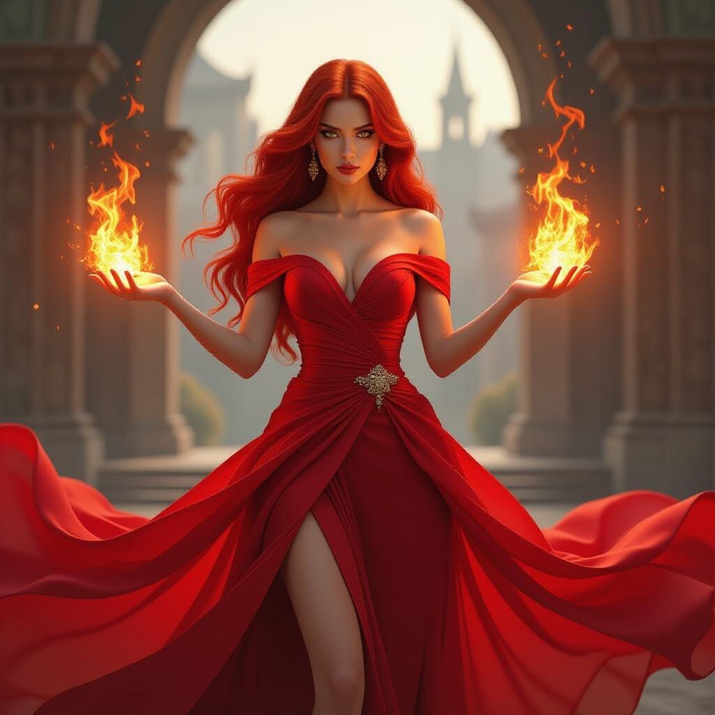 Fiery Goddess Conjuring Fireball in Dramatic Setting